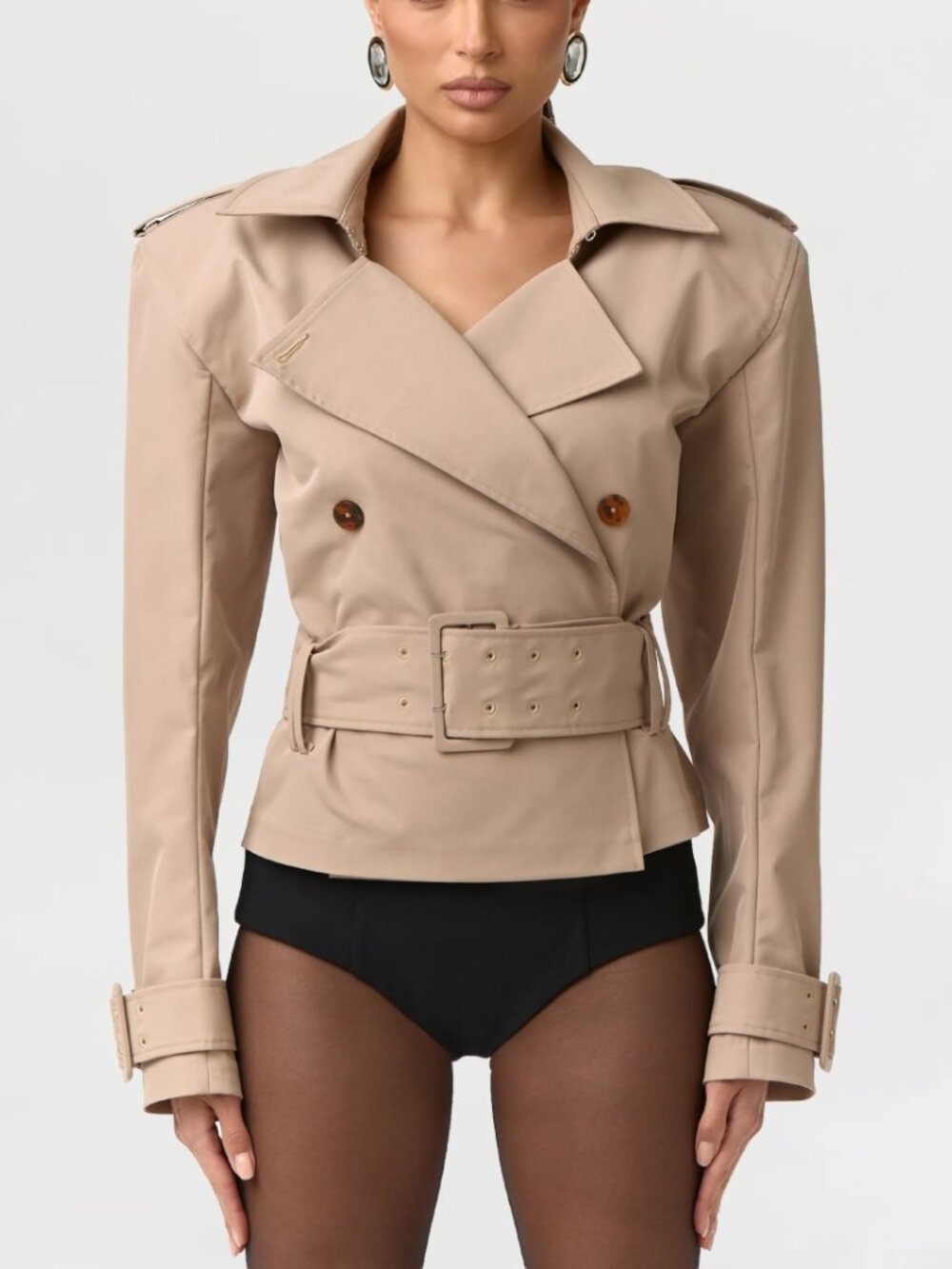 Naked Wardrobe Twill Belted Trench Jacket Sand Beige Double Breasted Size L NWT